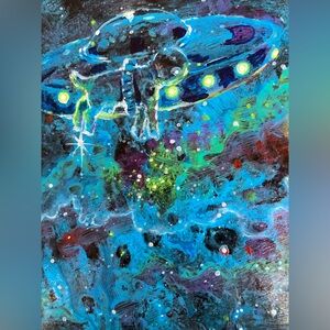 Original UFO Painting Art UAP Space cat Artwork galaxy Sci-Fi Decor Artettina US